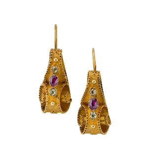 
	
		A pair of early Victorian gold and gem-set earrings, each of scroll design set with...