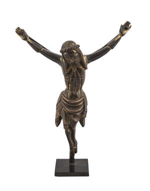 
	
		A German parcel gilt bronze corpus figure, in the 14th century style, 20th century,...