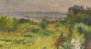 Ernest Jules Renoux, 
		French 1863-1932-
		 
		Paysage, Romney;
		 
		oil on canvas, signed lower left, bears studio stamp on the reverse, 24 x 41cm 
