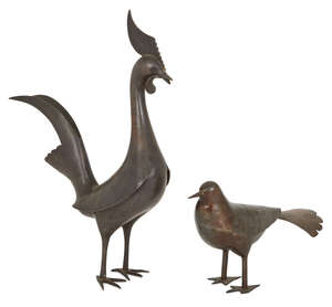 
	
		A Qajar steel cockerel and a dove, Persia, 19th century, both naturalistically modeled in...