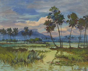 
	
		CHALERM NAKEERAKS (1917-2002), oil on canvas, landscape, signed and dated 1955,  40x50cm,...