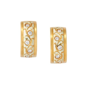 A pair of diamond and enamel half-hoop earrings, designed as a series of brilliant-cut diamonds...