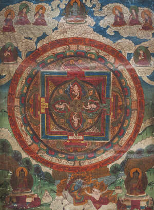 
	
		A Tibetan mandala, 18th/19th century, gouache on cloth, centred with a double vajra set...