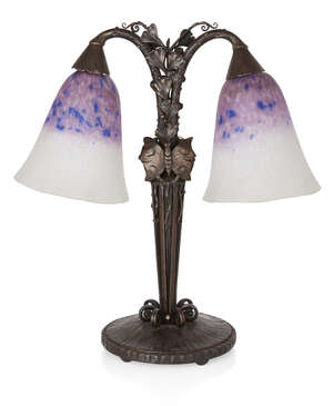 
	
		Schneider, 
		 
		Art Deco twin branch moths and gingko leaves table lamp, circa 1930,...