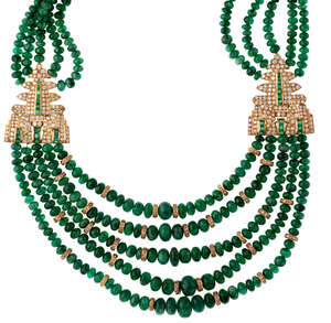 
	
		An emerald and diamond necklace, composed of five graduated rows of polished emerald...