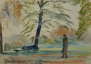 Leon Underwood,
		British 1890-1975-
		 
		Kensington Gardens;
		 
		watercolour, signed, titled, and dated 1925, 28.5x39cm (unframed)(ARR)
		 
		Pro