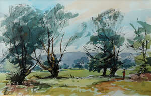 
	
		Aubrey R Phillips RWA, British b.1920- Landscape with woodland and distant hills, signed,...