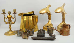 
	
		A pair of two branch brass candlesticks, 20th century, of female form, with twin branches...