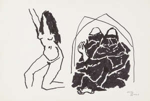 
	
		M.F. Husain (Indian, 1915-2011), Untitled, Woman dancing and women seated, 1972, gouache...