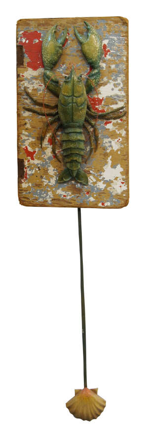 
	
		A carved articulated lobster with shell pendulum, possibly a shop sign,
		Late 20th...