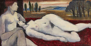 
	
		Fyffe Christie,
		British 1918-1979-
		Two resting figures in a classical landscape;
		