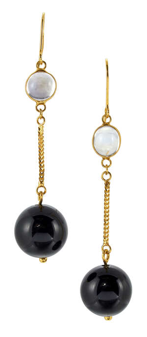 A pair of onyx and moonstone drop earrings, each designed as a spherical black onyx drop suspended from a yellow gold fine link chain to a cabochon moonstone t