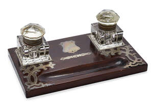 
	
		An Edwardian silver mounted wooden inkstand, London, c.1903, M Chapman, Son & Co Ltd., 