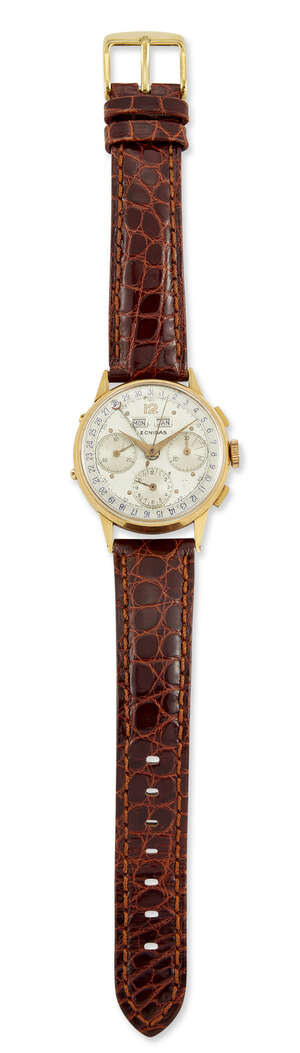 
	
		A Swiss calendar wristwatch with chronograph, the silvered dial with three subsidiary...