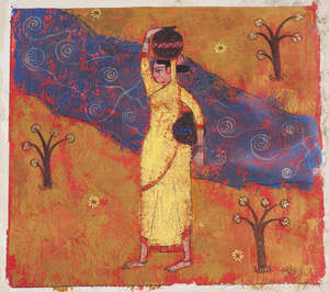 
	
		Prafulla Dahanukar (nee Joshi) ,1934-2014, Woman with Water Jars, gouache on paper,...