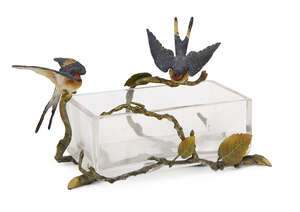 
	
		An Austrian cold painted bronze mounted glass oblong dish, birds perched on a rose briar,...