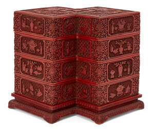 
	
		A rare Chinese cinnabar lacquer tiered double lozenge shaped box and cover, Qianlong...
