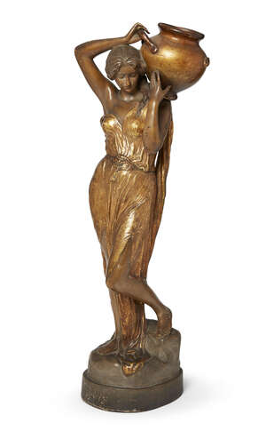 
	
		An Austrian polychrome terracotta model of a water carrier, probably Goldscheider, early...