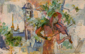 
	
		Anna Filimonova, Russian b.1985- Violinist; oil on board, 39 x 60cm (unframed) 