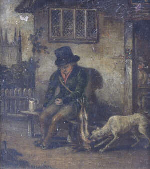 
	
		Attributed to John Woodhouse, British act 1810-1839- Man with a dog outside a tavern and...