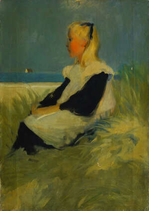 British Impressionist School, 
		early 20th century- 
		 
		Sketch of a girl seated on a sand dune; 
		 
		oil on canvas, 51x38.5cm