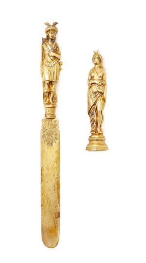 
	
		A French silver-gilt paper knife and seal, late 19th century, import mark, with figural...