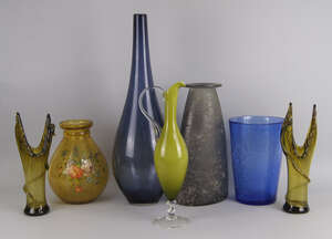 A near pair of green glass vases, circa. 1950's, of ribbed decoration , with applied spiral work, 33 and 32cm high, together with a tall smoked glass pear 