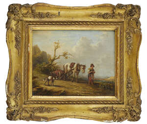 
	
		French School, 
		late 18th/early 19th century- 
		 
		Girl leading a pack horse with...