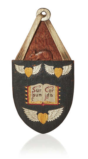 
	
		Robert Thompson (British 1876-1955), a 'Mouseman' carved and painted oak wall plaque for...