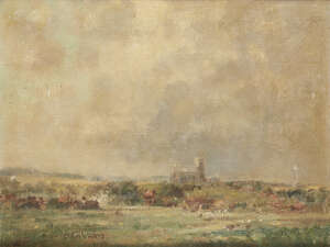 
	
		Owen Waters, British 1916-2004- Rural landscape with a village church; oil on canvas...