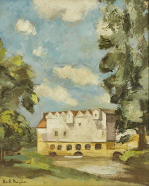 
	
		Keith Baynes, 
		British 1887-1977-
		 
		View of a mill;
		 
		oil on canvas,...
