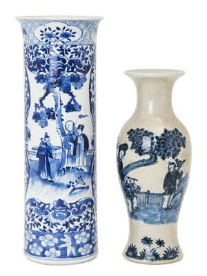 
	
		Two Chinese blue and white porcelain vases, 19th century, the sleeve-shaped vase...