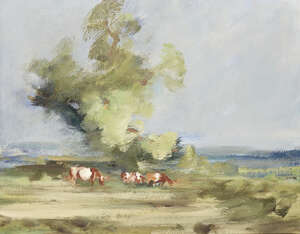 
	
		Peter Burman, 
		British b.1941- 
		Marsh Cattle; 
		oil on board, signed lower left...