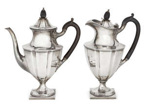 
	
		A large Mappin & Webb silver two-piece coffee set, Sheffield, c.1927, each of panelled...