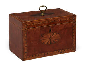 
	
		A George III satinwood inlaid two-division tea caddy, loop handle, shell inlaid oval to...