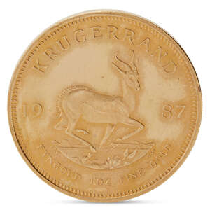 
	
		A South African Krugerrand 1oz fine gold coin, 1987, approx. 34.06g   

	

