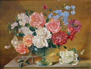 
	
		Robert Dumont-Smith FRSA, British 1908-1994- Floral still life; oil on canvas, signed,...