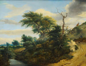 
	
		Follower of Patrick Nasmyth, Scottish 1787-1831- Wayfarers on a country track with...