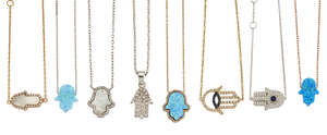 
	
		A group of hamsa motif jewellery, comprising: a diamond-set hamsa pendant necklace on a...