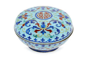 
	
		A Chinese imitation cloisonné painted enamel circular food box and cover, 18th century, 