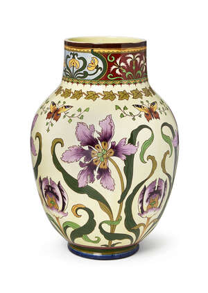 
	
		Sarreguemines, a large painted ceramic vase, late 19th/Early 20th Century, impressed...