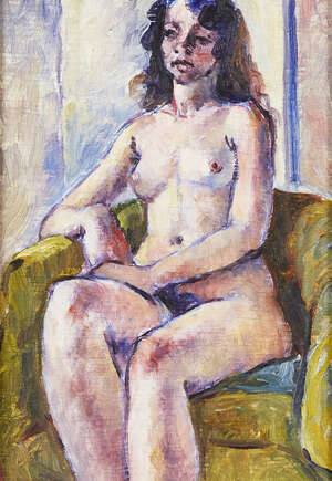 
	
		Fyffe Christie,
		British 1918-1979-
		The Brown Chair;
		oil on panel, 31x22cm...