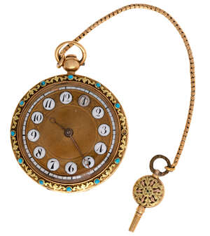
	
		An early 19th century two colour gold and turquoise-set open-face keywind cylinder pocket...