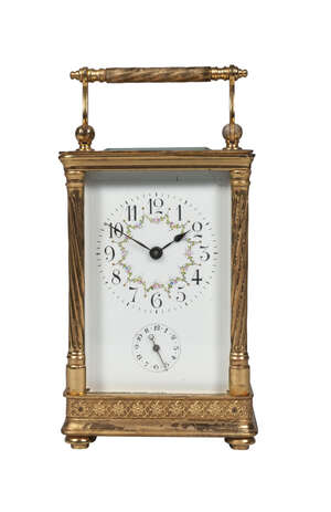
	
		A Matthew Norman gilt carriage clock, 20th century, with ornate twist columns and plain...