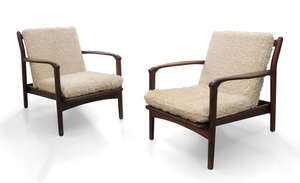 
	
		R.W Toothill, 
		 
		Pair of lounge chairs, circa 1960, 
		Afromosia, lamb's wool...