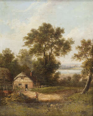 
	
		British School, 
		early 19th century- 
		 
		Figure in a farmyard with woodland and a...