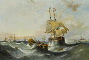 
	
		William Callcott Knell, 
		 
		British 1830-1876- 
		 
		Stormy seas with shipping, a...