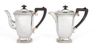 
	
		A silver café-au-lait pair, Birmingham, c.1947, Elkington & Co Ltd., both of cut-cornered...