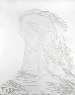 
	
		John Hutton (1906-1978), an engraved glass figurative windowpane
		Angels head, c. 1957,...