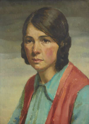 
	
		Arthur Hayward, 
		British 1889-1971- 
		 
		Portrait of a lady wearing a red gilet;...